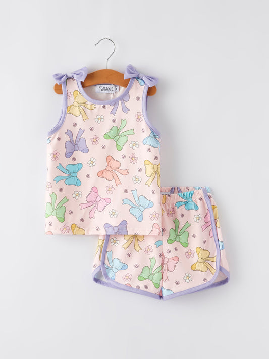 Girls Purple Bow Sleeveless tank Top and Shorts Set