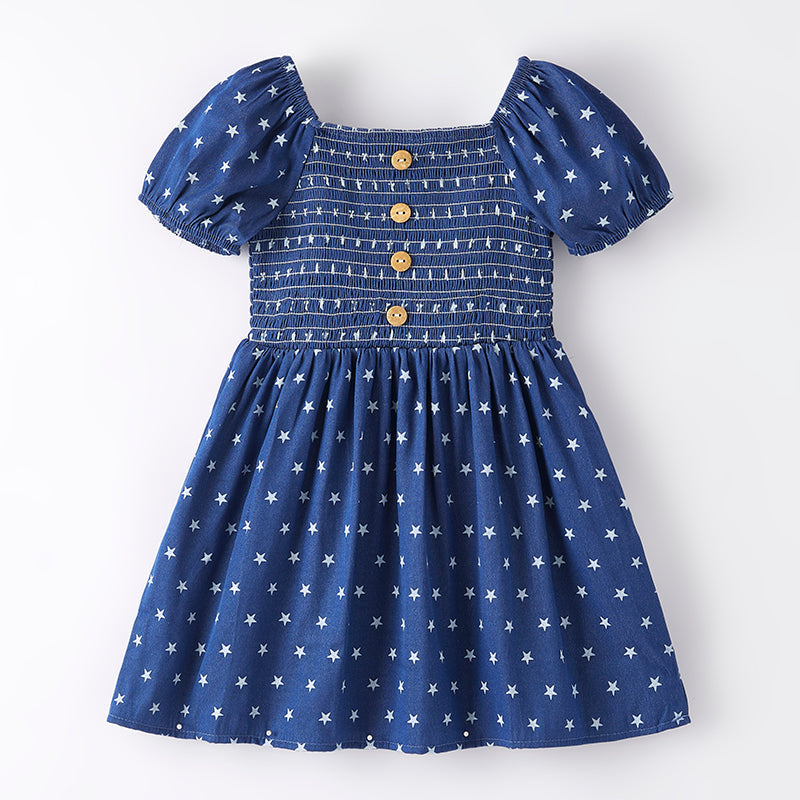 Girls 4th Of July Blue Star Smocking Dress
