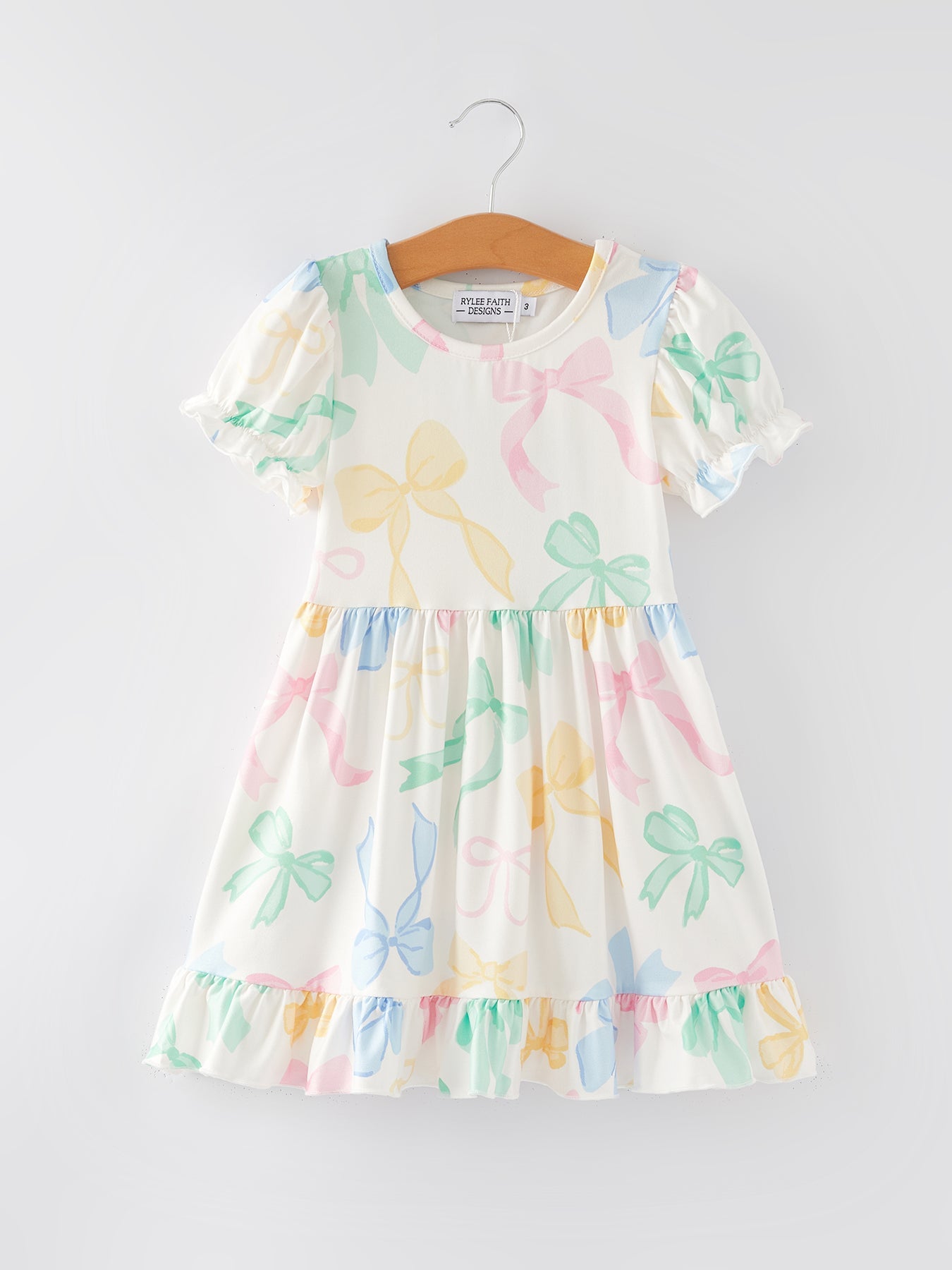 Colorful Bow Print Puff Sleeves Girls Dress