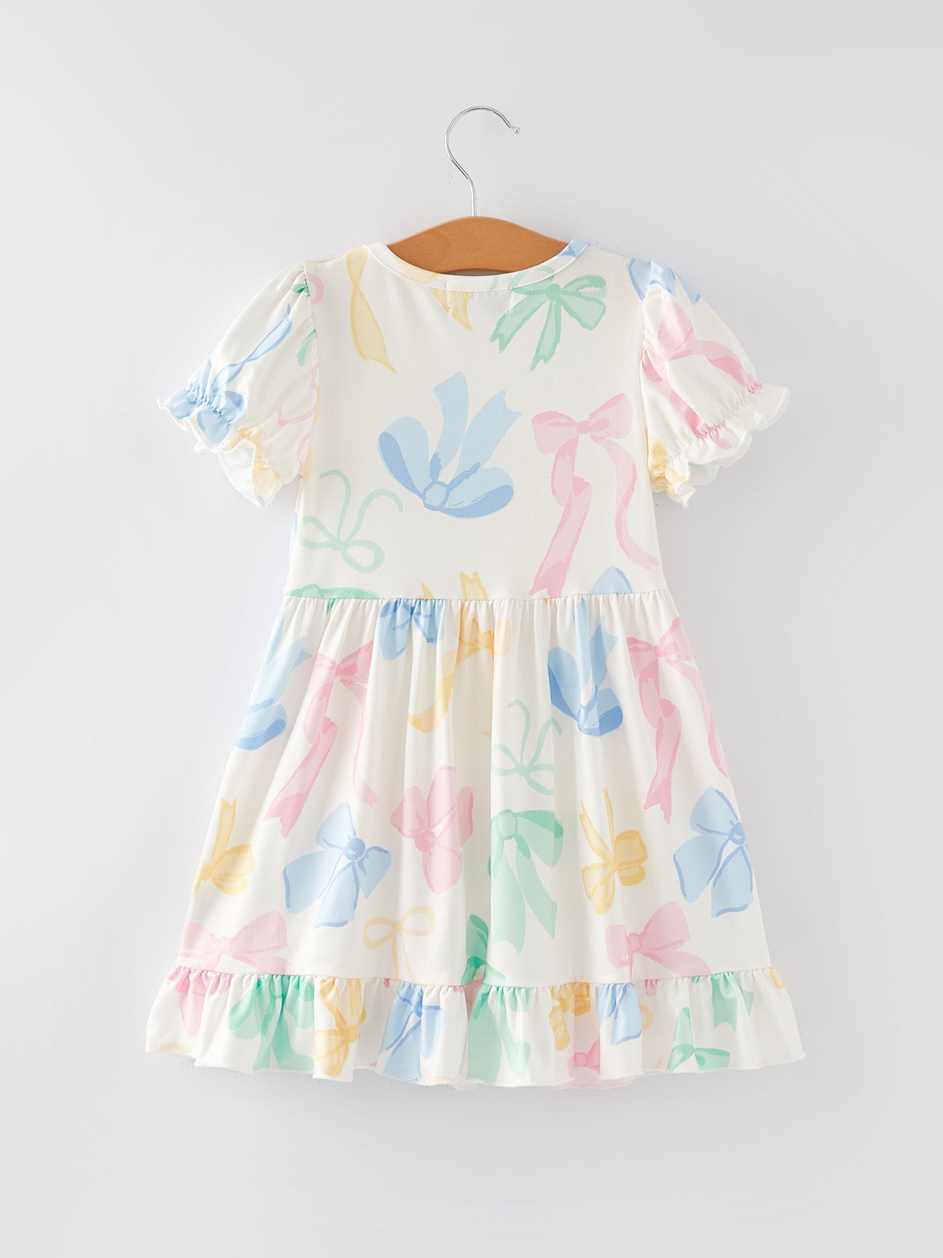 Colorful Bow Print Puff Sleeves Girls Dress