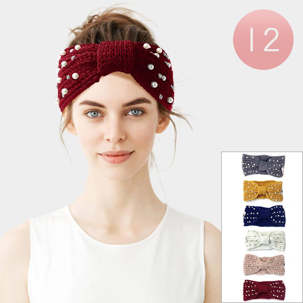 Pearl Stone Embellished Bow Knit Earmuff Headbands