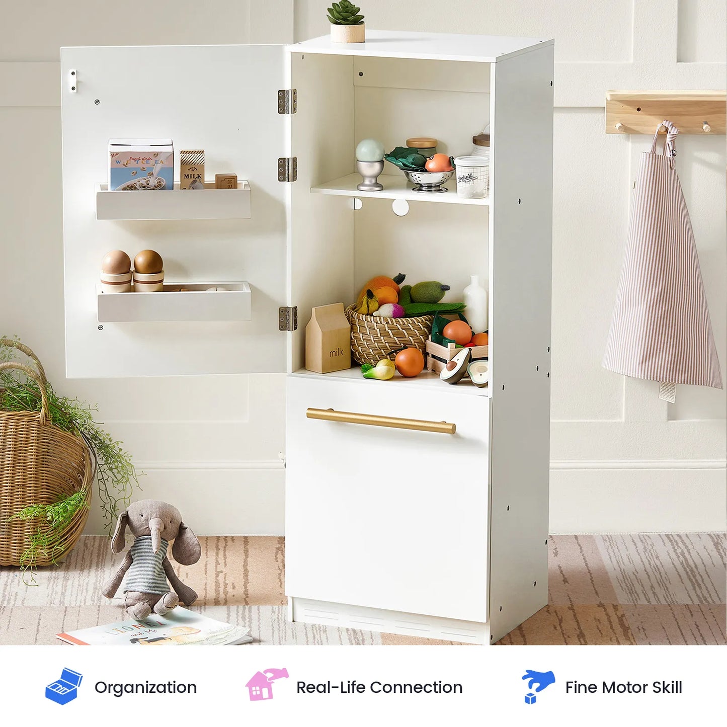 Tiny Land® Play Kitchen Accessories – Play Kitchen Fridge: Wooden Cabinet Refrigerator for Kids