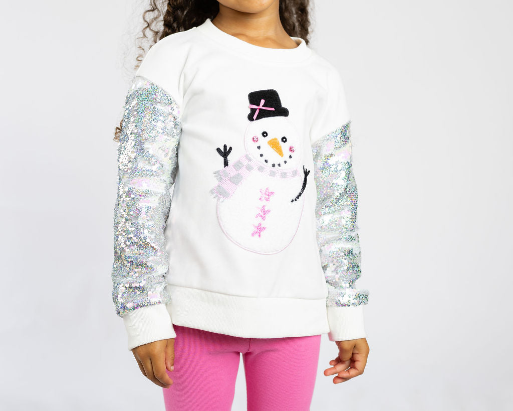 Snowman Sequin Sleeve Crewneck - preorder