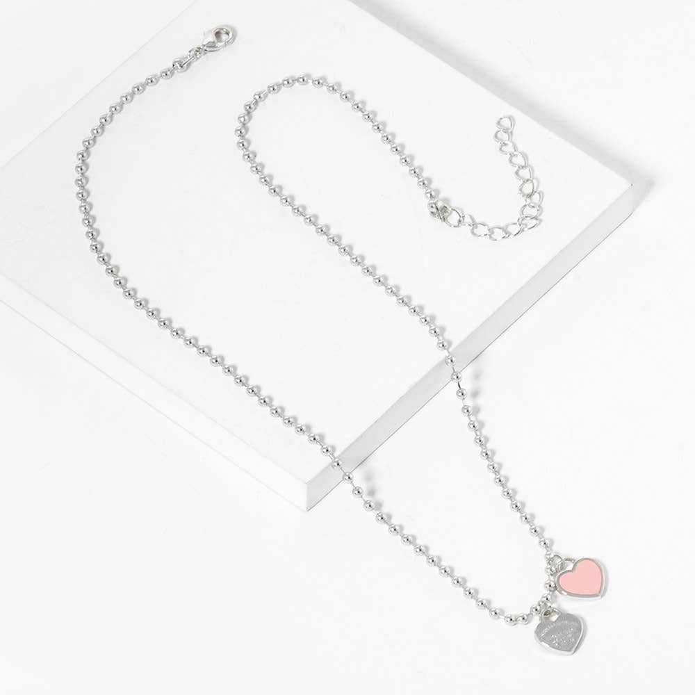 Gold Dipped Double Heart Pendant Bubble Chain Necklace