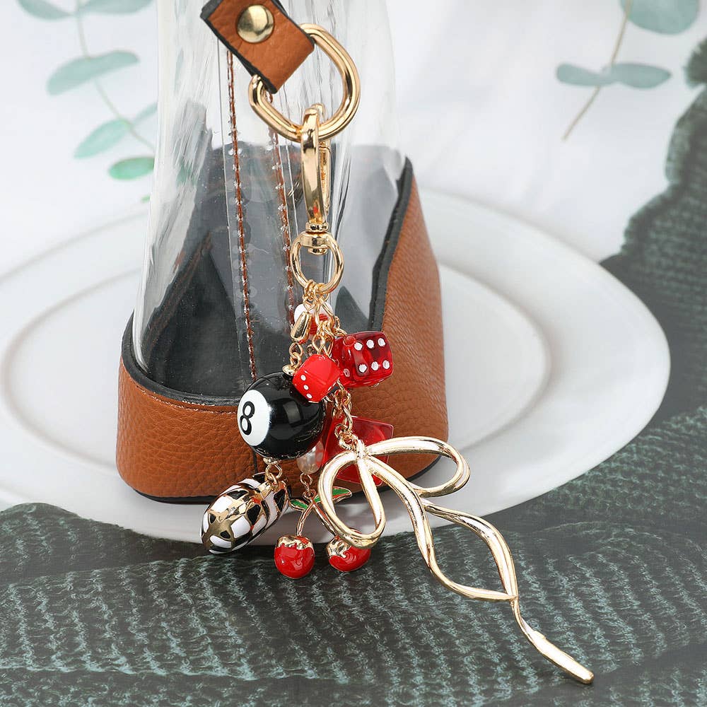 Cherry Bow Dice Heart Charm Embellished Keychain / Bag Charm