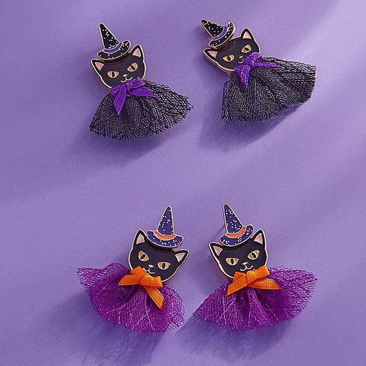 Halloween Black Cat With Bow Earrings