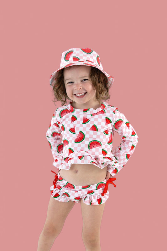 ONE IN A MELON DREAM TWO PIECE RASH GUARD RUFFLE SWIM SUIT
