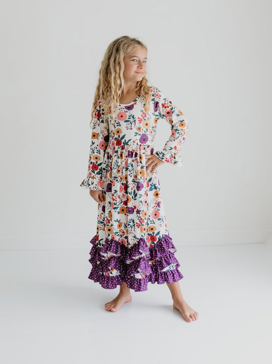 3 Ruffle Deep Purple Floral Dress