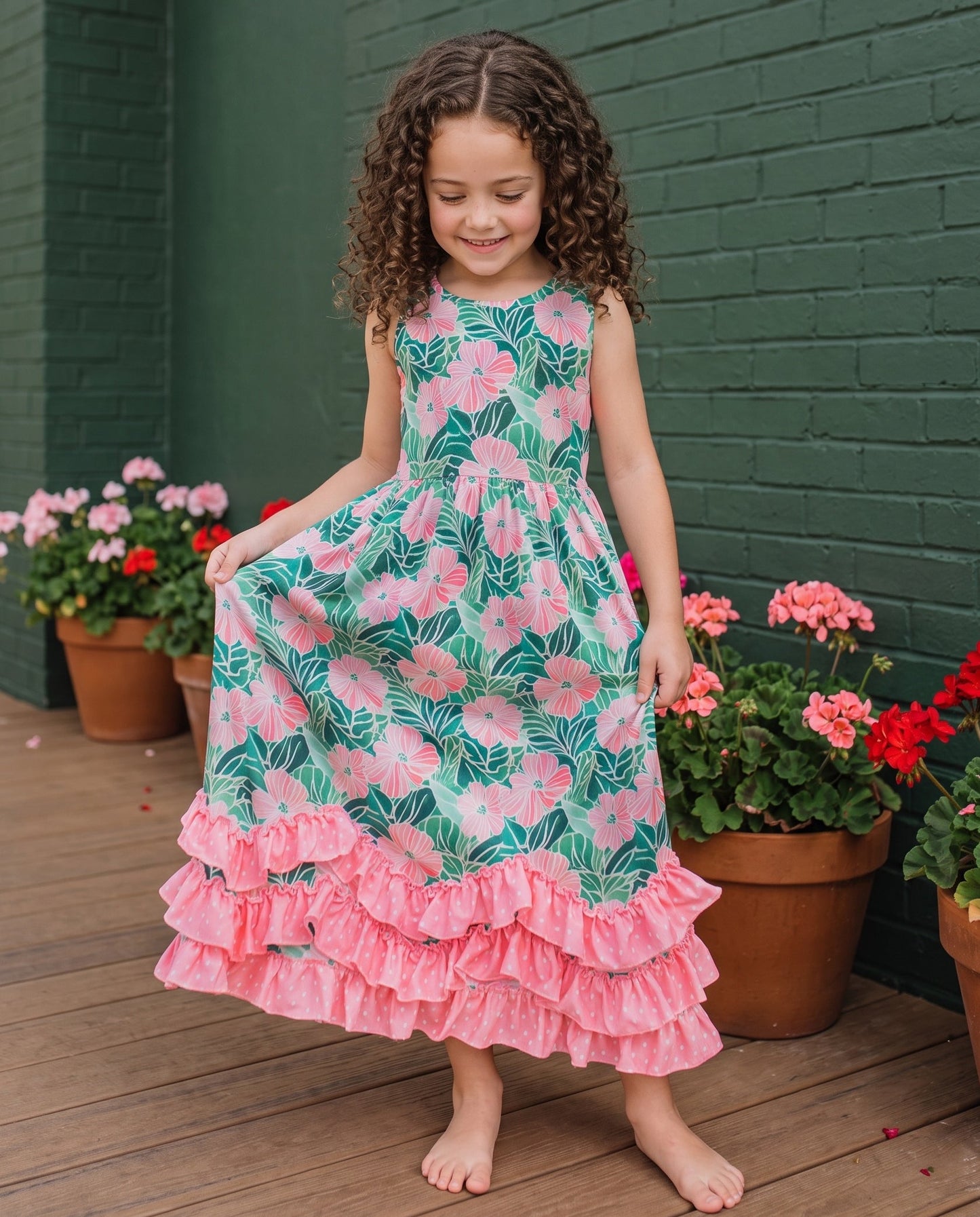 3 Tiered Green Tropical Ruffles Dress
