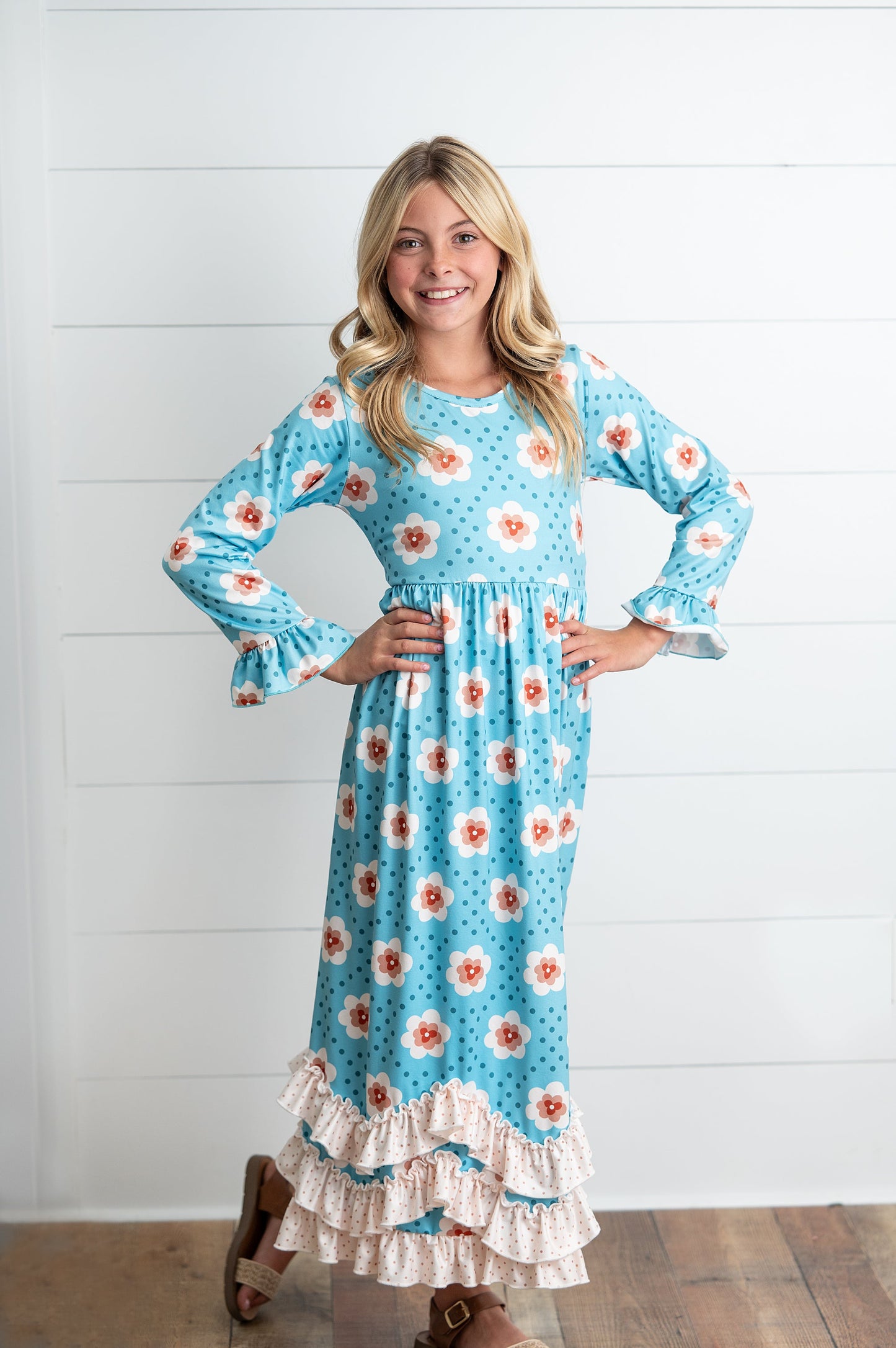 3 Ruffle Teal Floral Dress