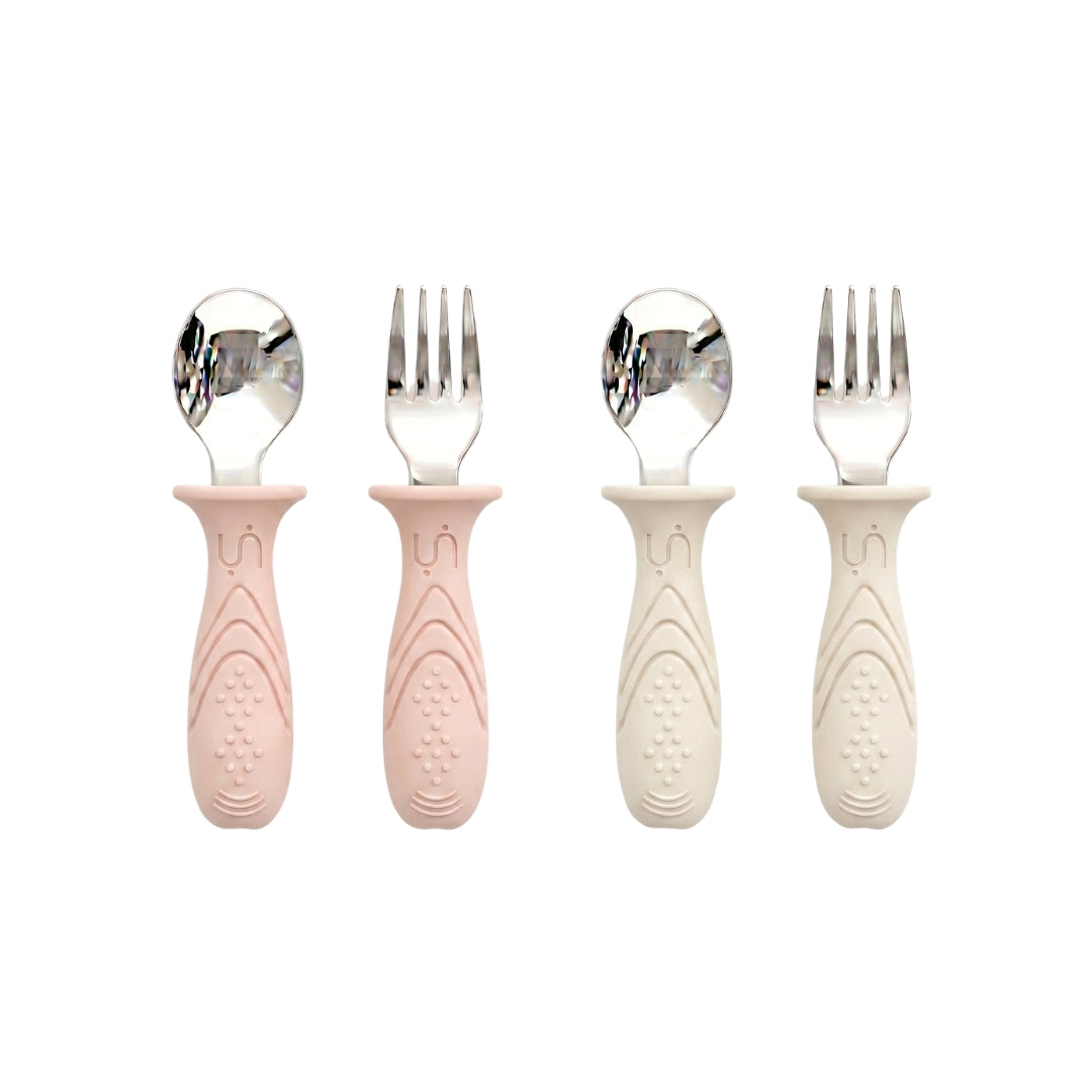 Stainless Steel Self Feeding Utensil Set of 4 (Butter Yellow & Baby Blue)