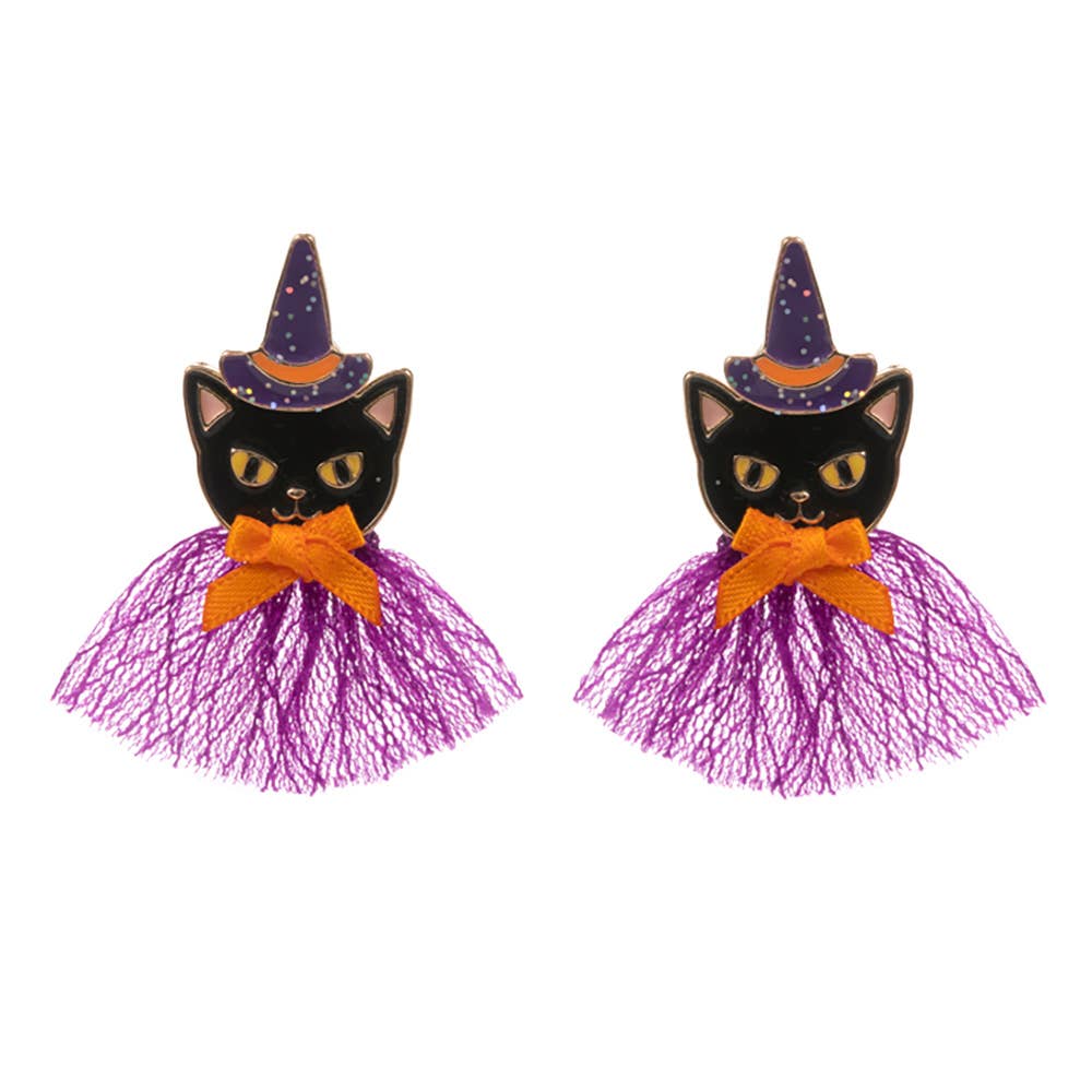 Halloween Black Cat With Bow Earrings