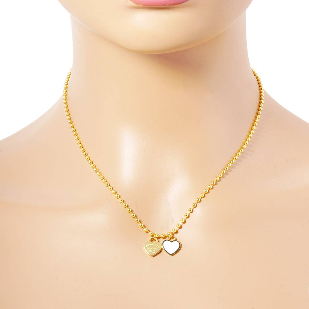 Gold Dipped Double Heart Pendant Bubble Chain Necklace