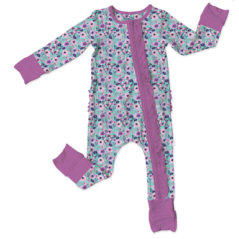 Jade Twin Butterflies Bamboo Ruffle Convertible Footie (Pre-Order)