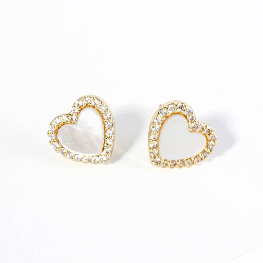 Gold Dipped CZ Stone Paved Rim Heart Stud Earrings