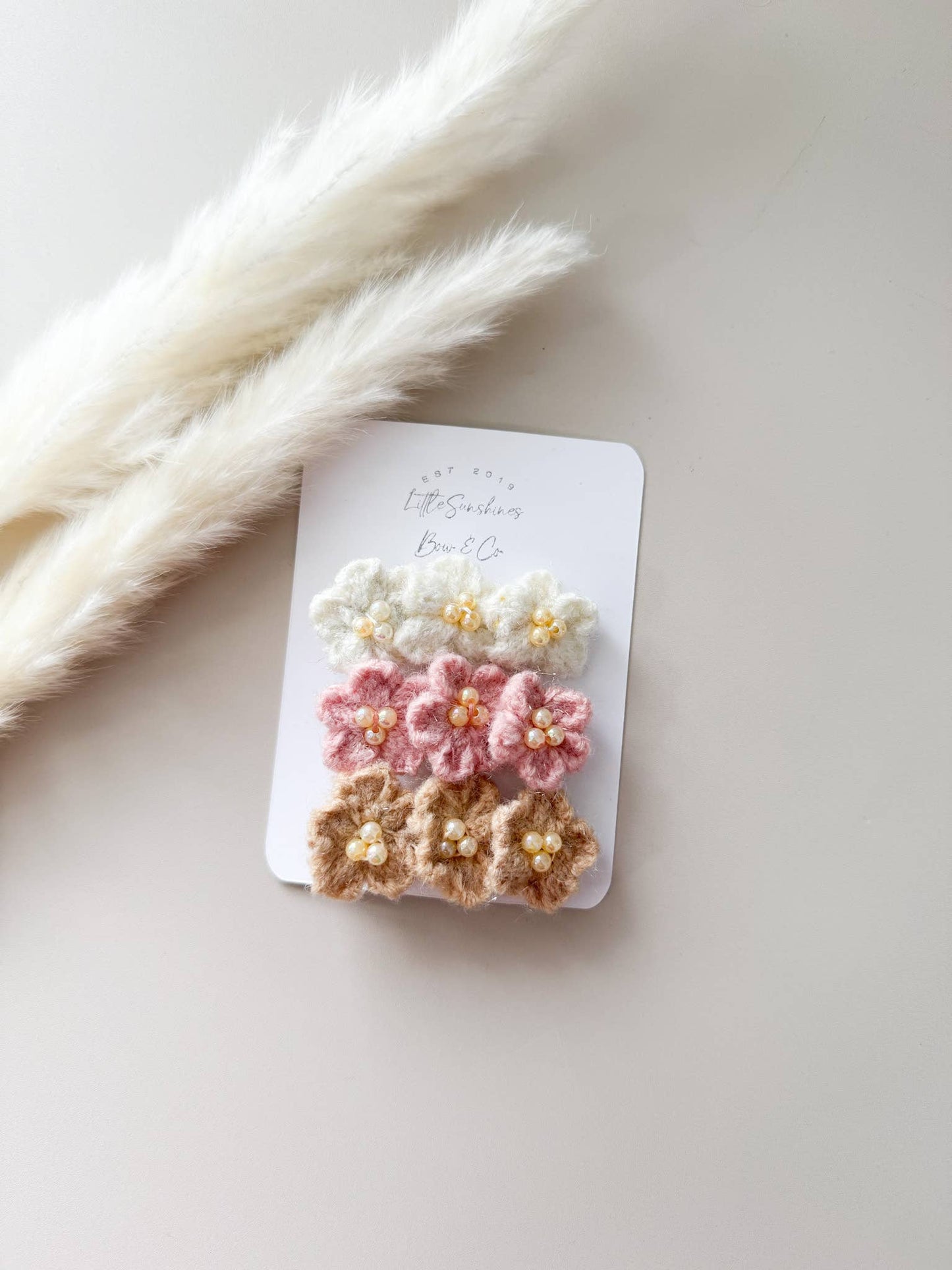 Crochet Beaded Flower Hair Clips- Set of 3