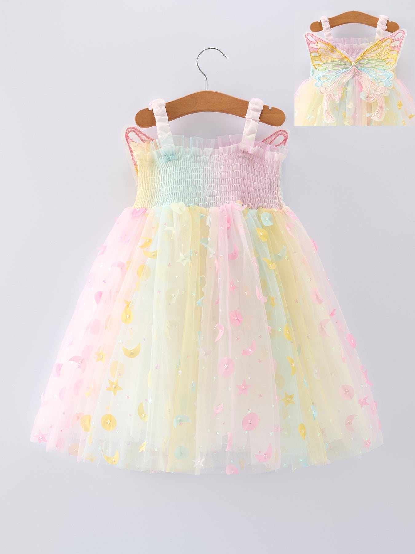 Pastel Rainbow Sequin Tulle Party Fairy Wing Girls Dress