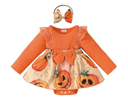 Infant Baby Girl Orange Pumpkin Long Sleeve Lace Romper Dress & Bow Headband 2pcs Halloween Clothing Set