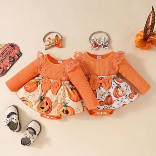 Infant Baby Girl Orange Fall Pumpkin Long Sleeve Lace Romper Dress & Bow Headband 2pcs Autumn Harvest Outfit