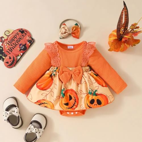 Infant Baby Girl Orange Pumpkin Long Sleeve Lace Romper Dress & Bow Headband 2pcs Halloween Clothing Set