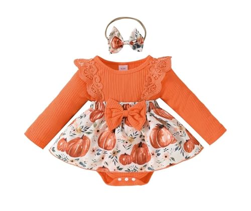 Infant Baby Girl Orange Fall Pumpkin Long Sleeve Lace Romper Dress & Bow Headband 2pcs Autumn Harvest Outfit