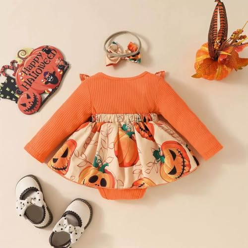 Infant Baby Girl Orange Pumpkin Long Sleeve Lace Romper Dress & Bow Headband 2pcs Halloween Clothing Set