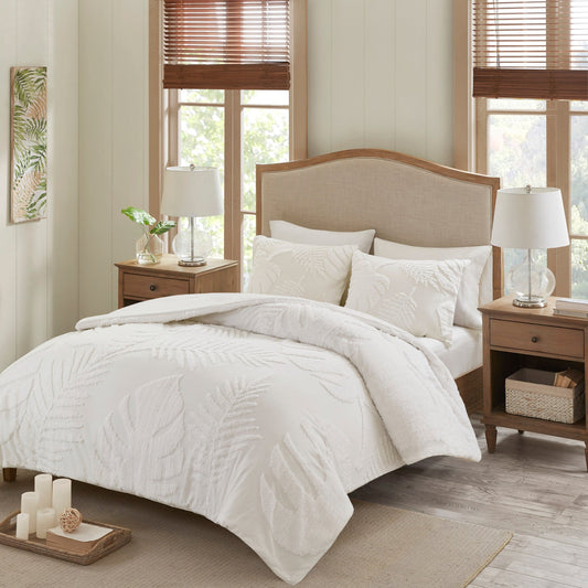 3 Piece Tufted Cotton Chenille Palm Comforter Set Off-White King/Cal King
