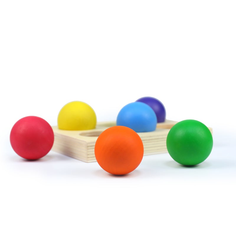 12 Pcs Rainbow Wooden Balls with Tray – Primary Colors (1.4” Diameter)