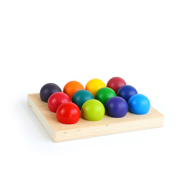 12 Pcs Rainbow Wooden Balls with Tray – Primary Colors (1.4” Diameter)