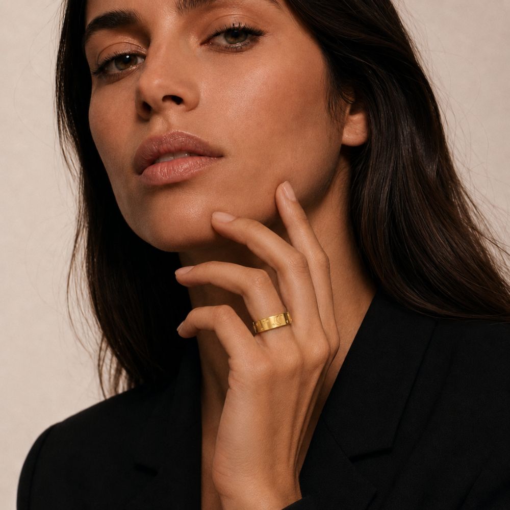 Moon and Stars Wide 18k Gold Plated Stainless Steel Ring