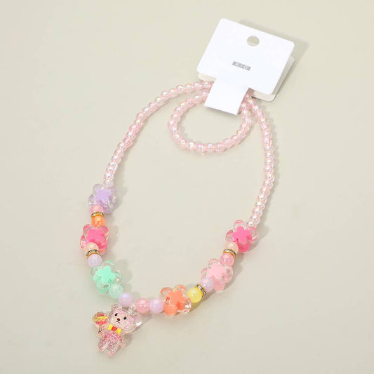 Kids Teddy Bear Pendant Flower Beaded Jewelry Set