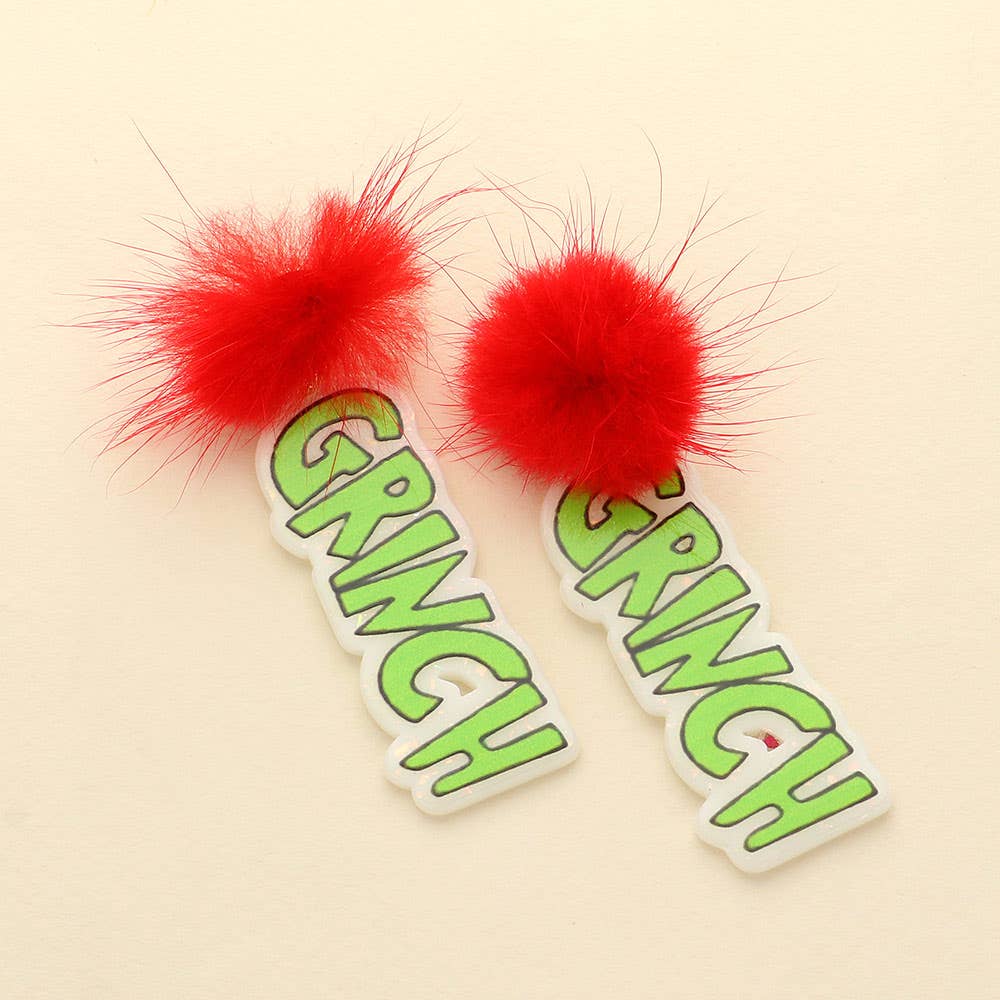 Pom Pom Resin Grinch Message Drop Dangle Earrings