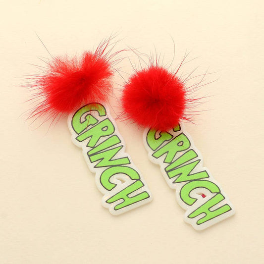 Pom Pom Resin Grinch Message Drop Dangle Earrings
