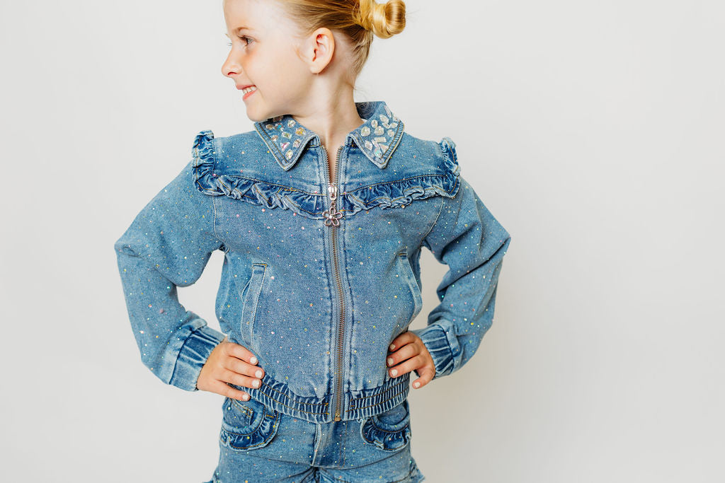 Rhinestone & Ruffle Denim Bomber Jacket