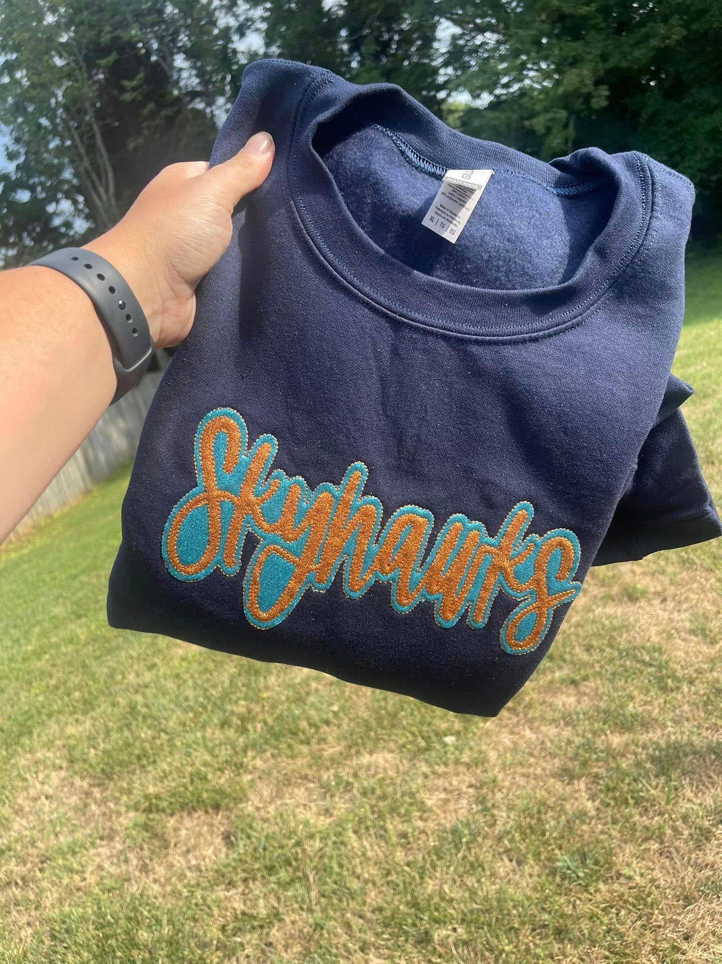 Embroidered Double Glitter HTV School Spirit Shirt | Custom Mascot & School Name Appliqué
