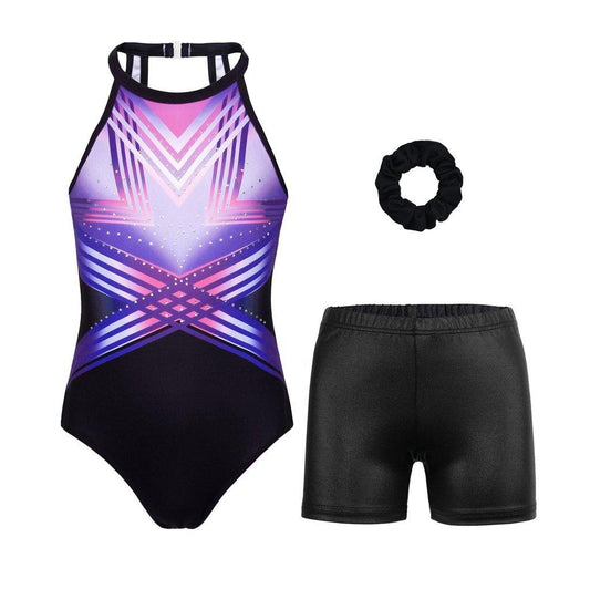 Blue-purple Line Clasp Back Gymnastics Leotard Set