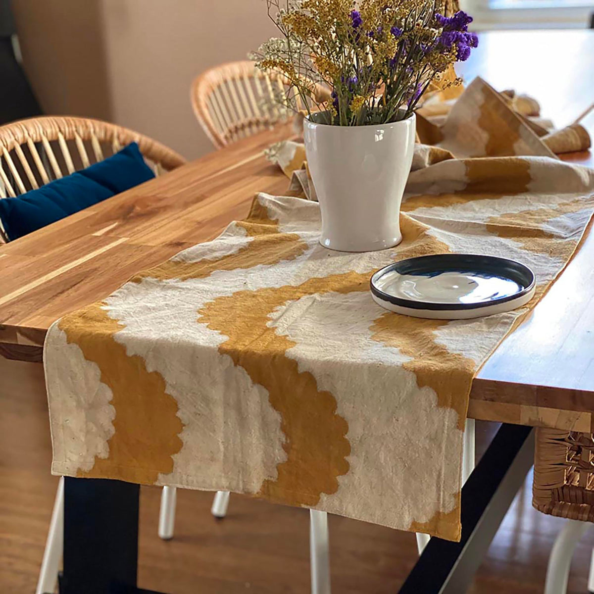 Hand-Printed Table Runner | Organic Cotton Linen - Golden Rays