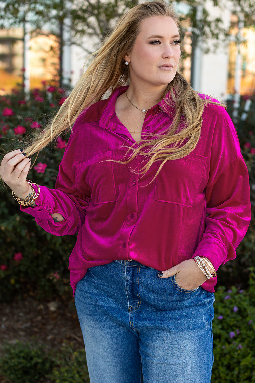 Plus Size Velvet Button-Up Pocketed Drop Shoulder Shirt