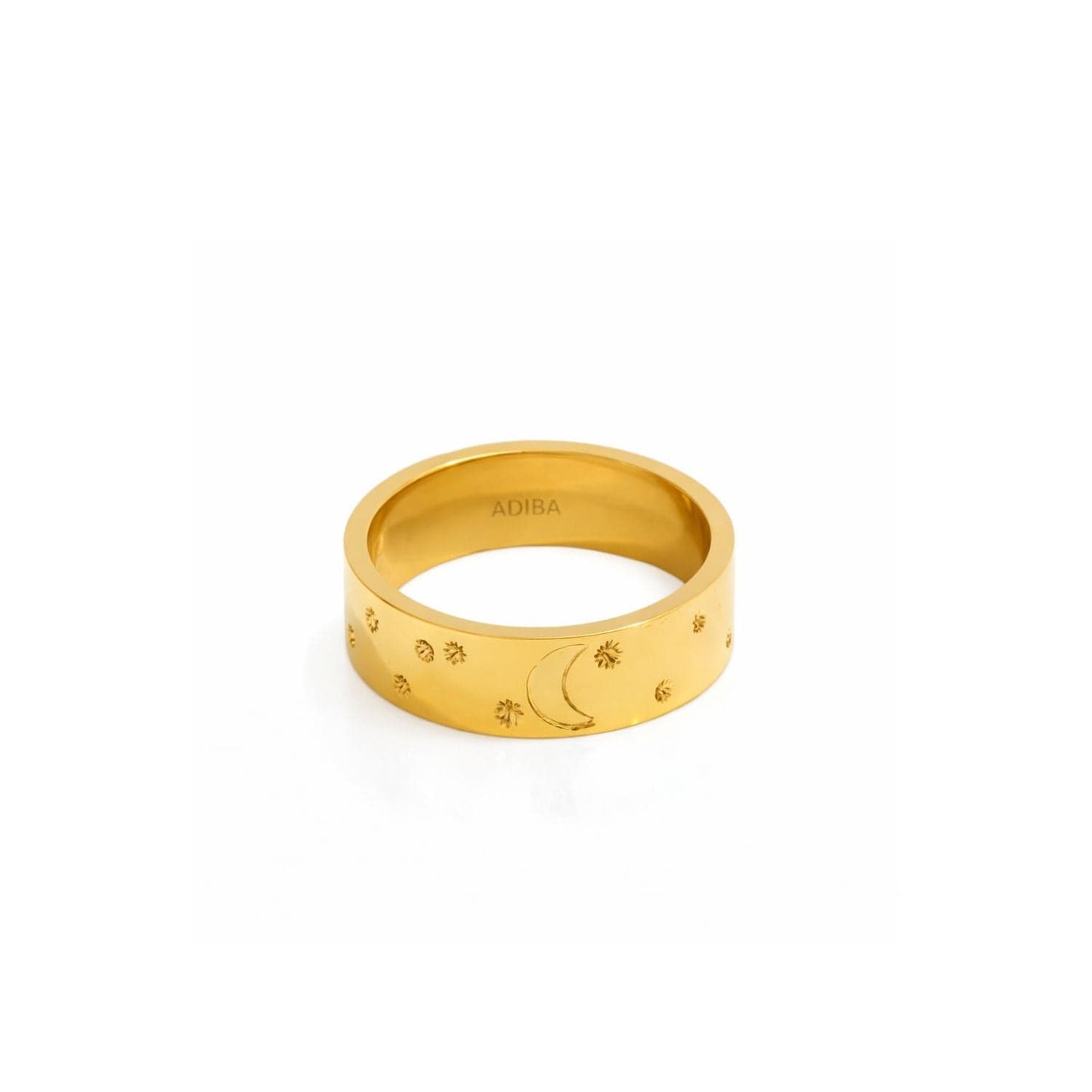 Moon and Stars Wide 18k Gold Plated Stainless Steel Ring