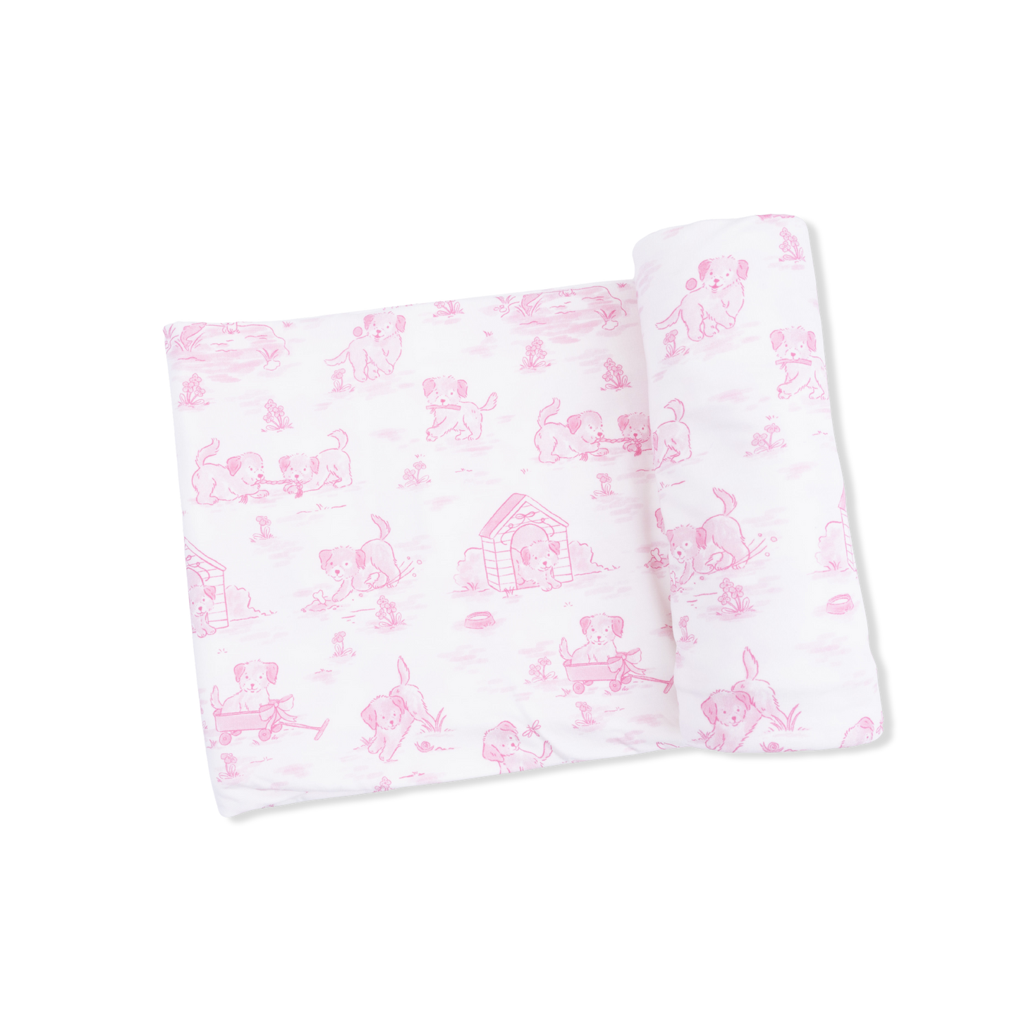 Puppy Toile Pink - 2 Way Ruffle Back Zipper Footie with Bandana Bib, and Swaddle Blanket Set