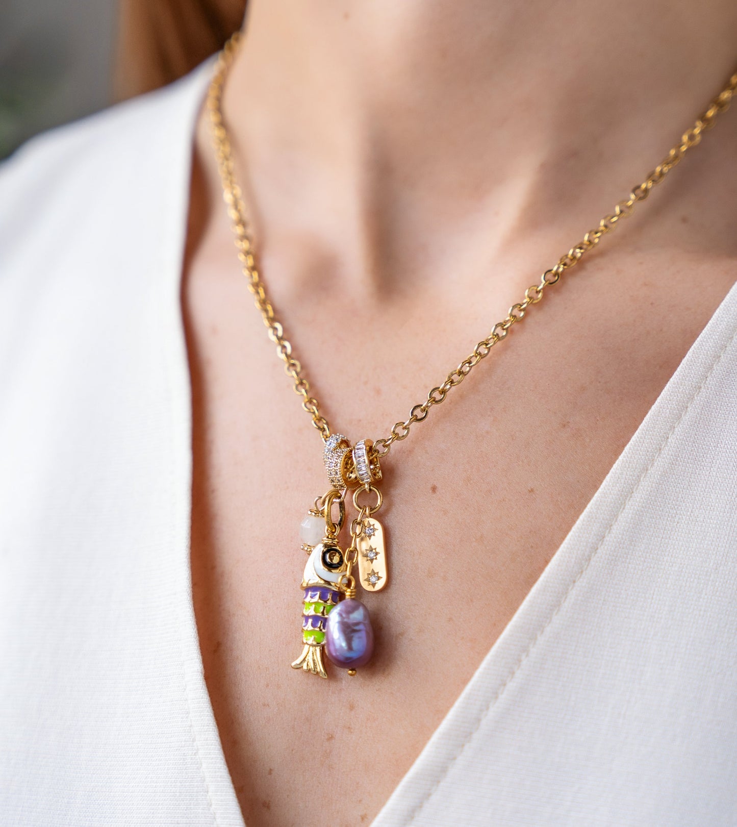 Fish and Pearl Charm Necklace