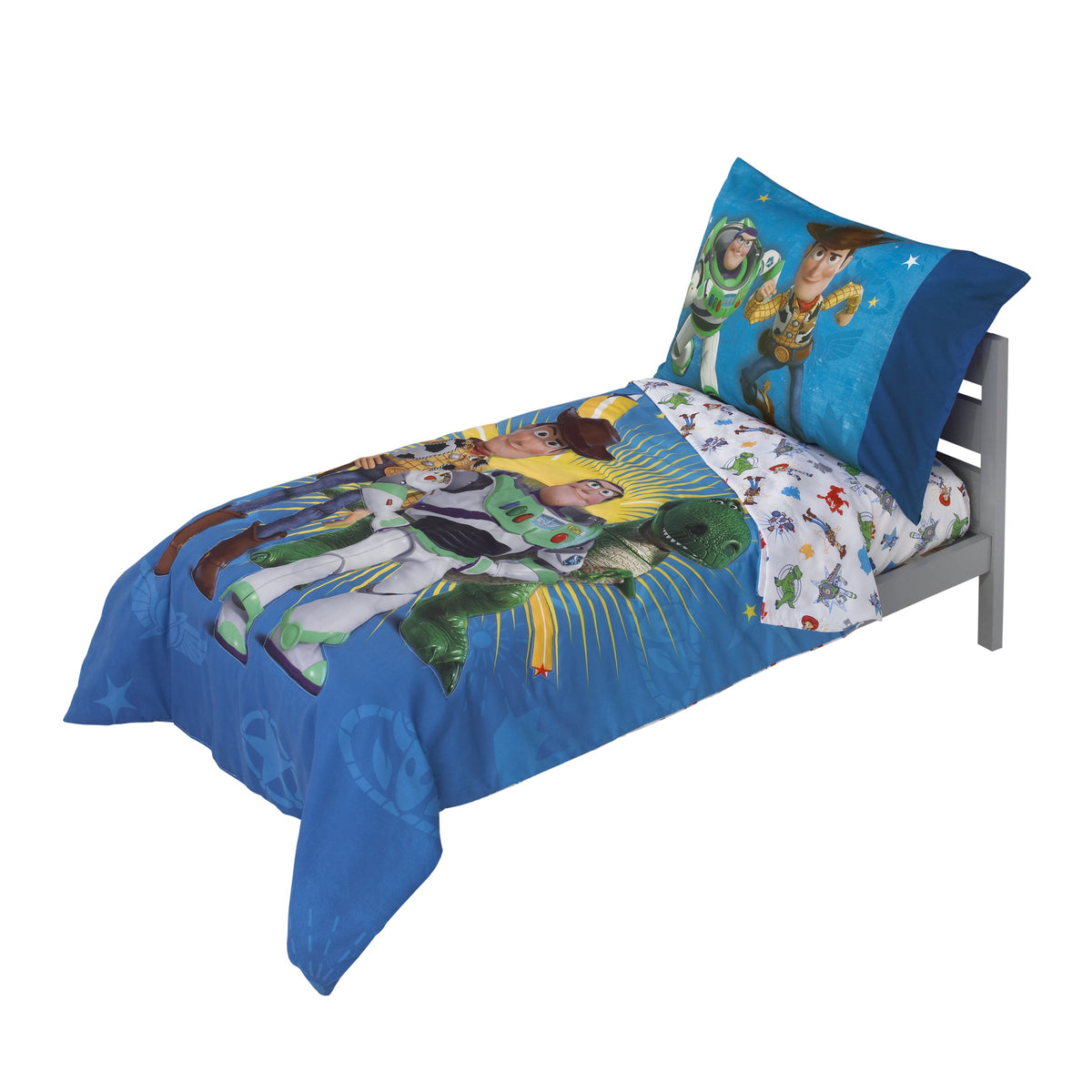 Disney Toy Story 4 - Blue, Green, Yellow Toys in Action 4 Piece Toddler Bed Set - Comforter, Flat Top Sheet, Fitted Bottom Sheet, Reversible Pillowcase