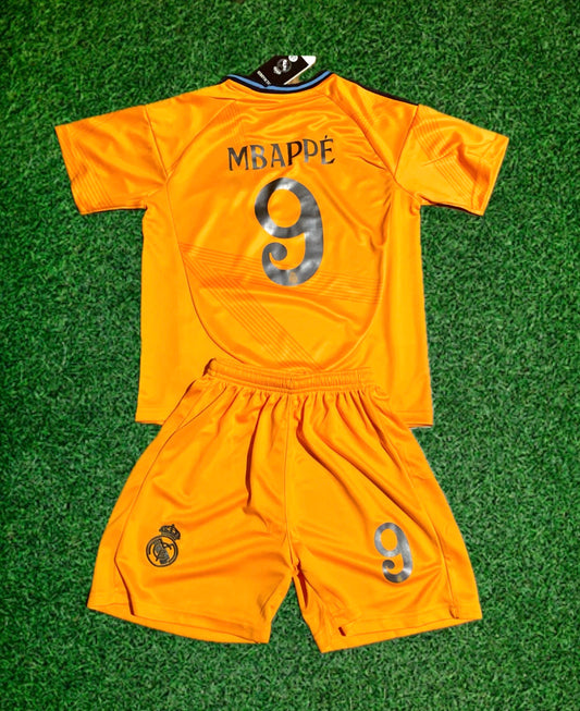 Kylian Mbappe Real Madrid Special Orange 3rd Jersey Toddler/Youth Soccer Jersey Kids Kit