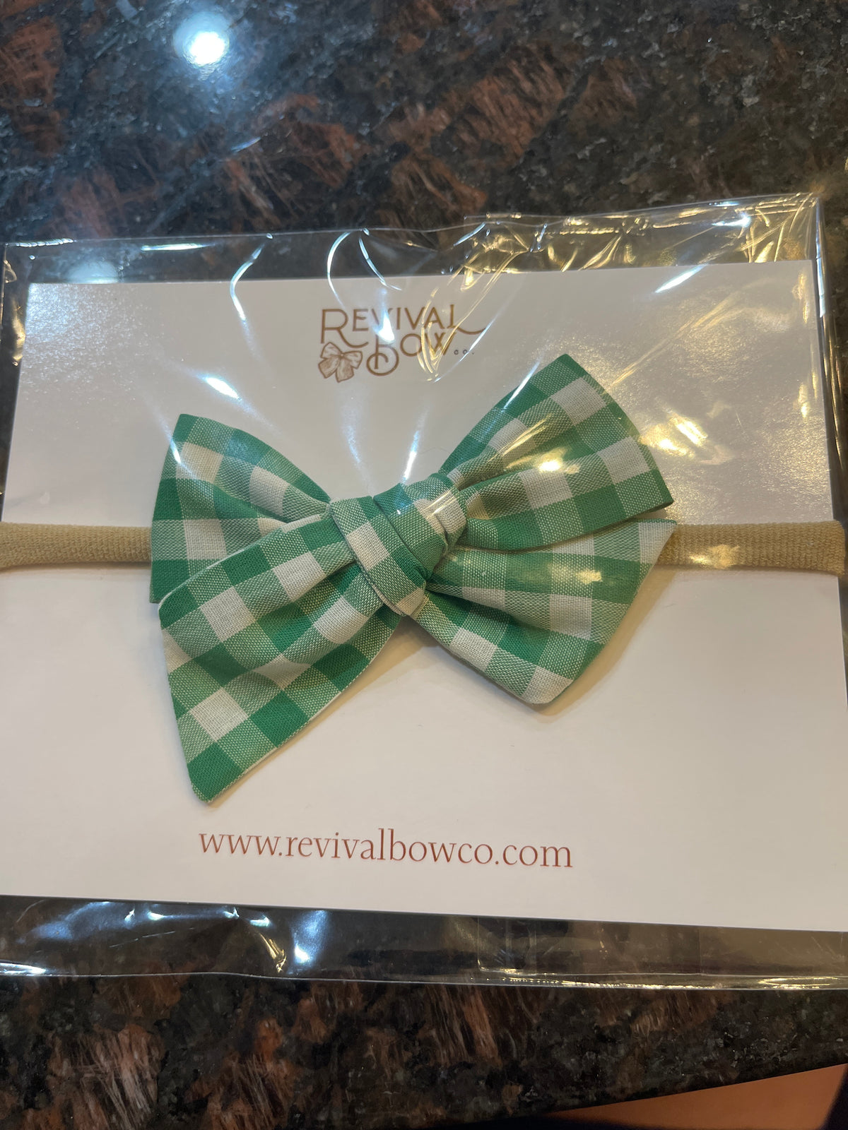 Small Pinwheel Bow headband• Vintage Green Gingham