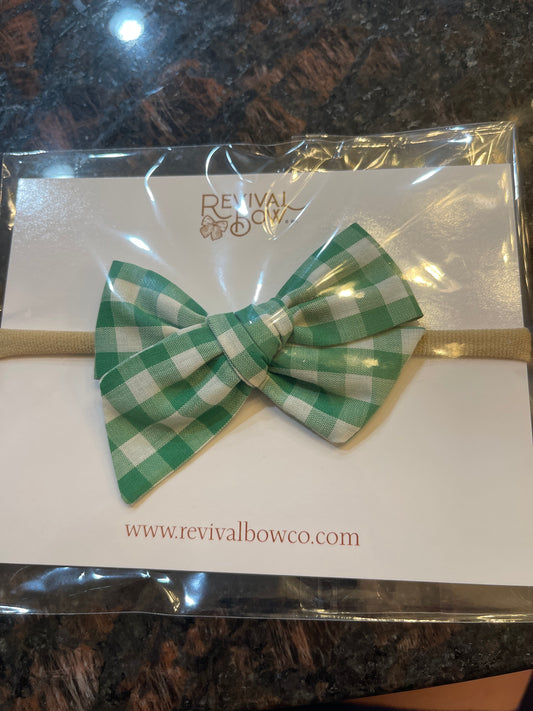 Small Pinwheel Bow headband• Vintage Green Gingham