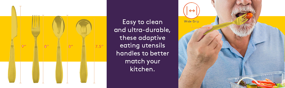 Special Supplies Adaptive Utensils (4-Piece Premium Stainless Steel) Wide, 7oz. Each Heavy Weighted, Non-Slip Handles for Hand Tremors, Arthritis, Parkinson's or Elderly Use, Knife, Fork, Spoons - Gold