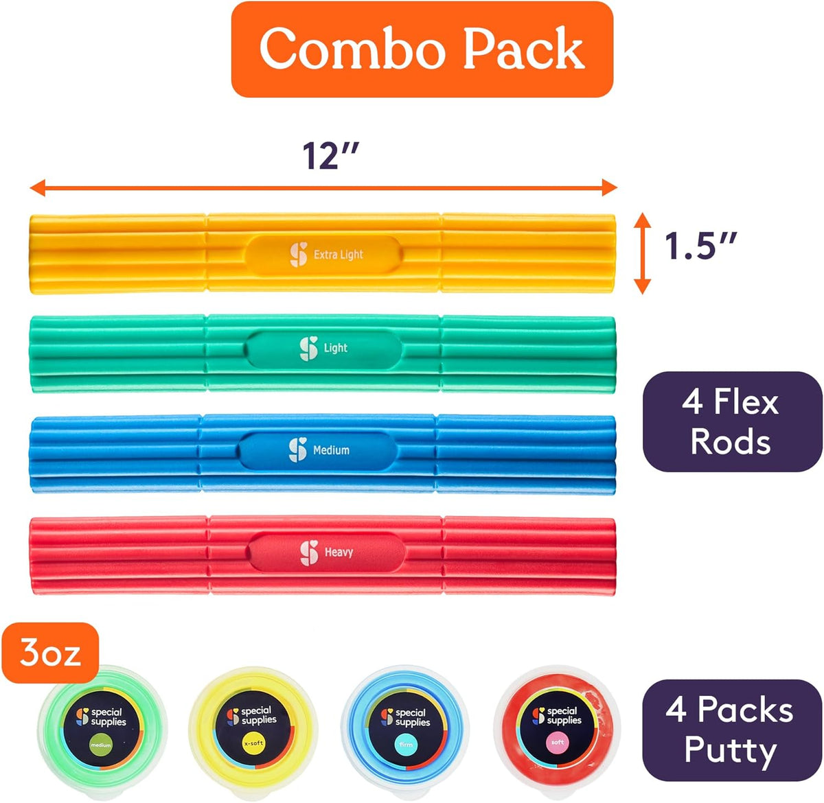 Special Supplies Physical Hand Therapy Putty & Flex Therapy Bar Resistive Hand Exercise Kit – Improve Grip, Strength, Dexterity & Mobility – Injury & Stress Relief – 8 Piece Set