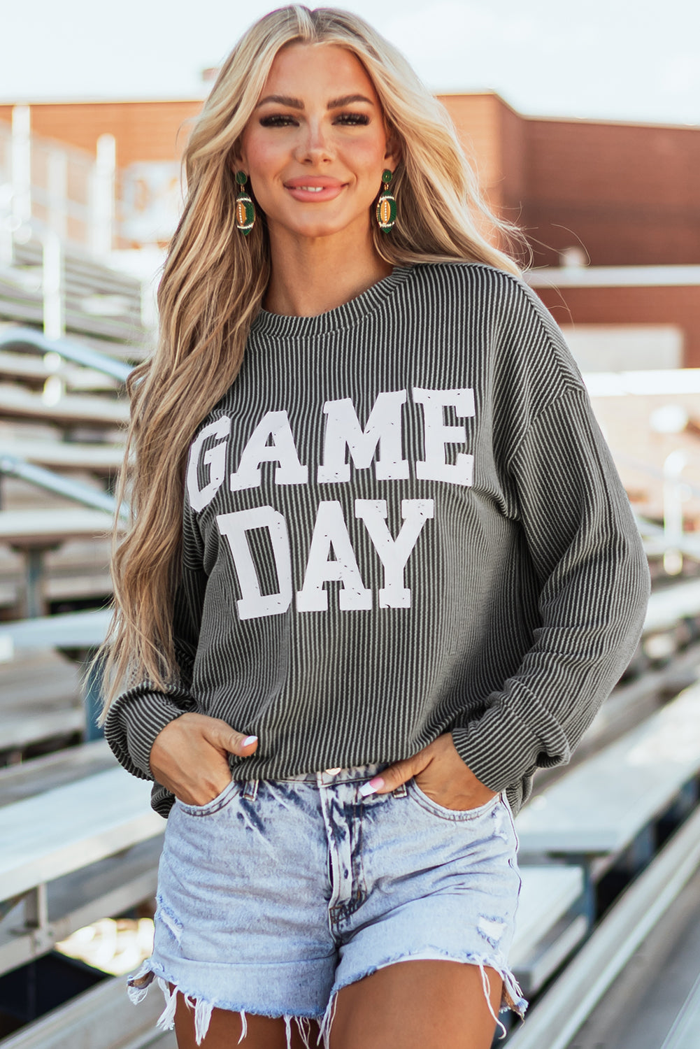GAME DAY Textured Long Sleeve Crewneck Top