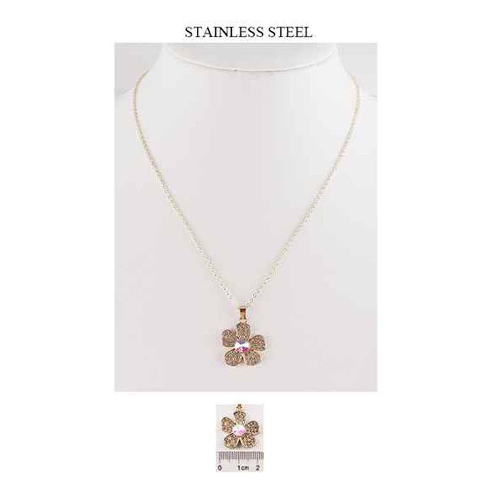 Stainless Steel Stone Paved Flower Pendant Necklaces