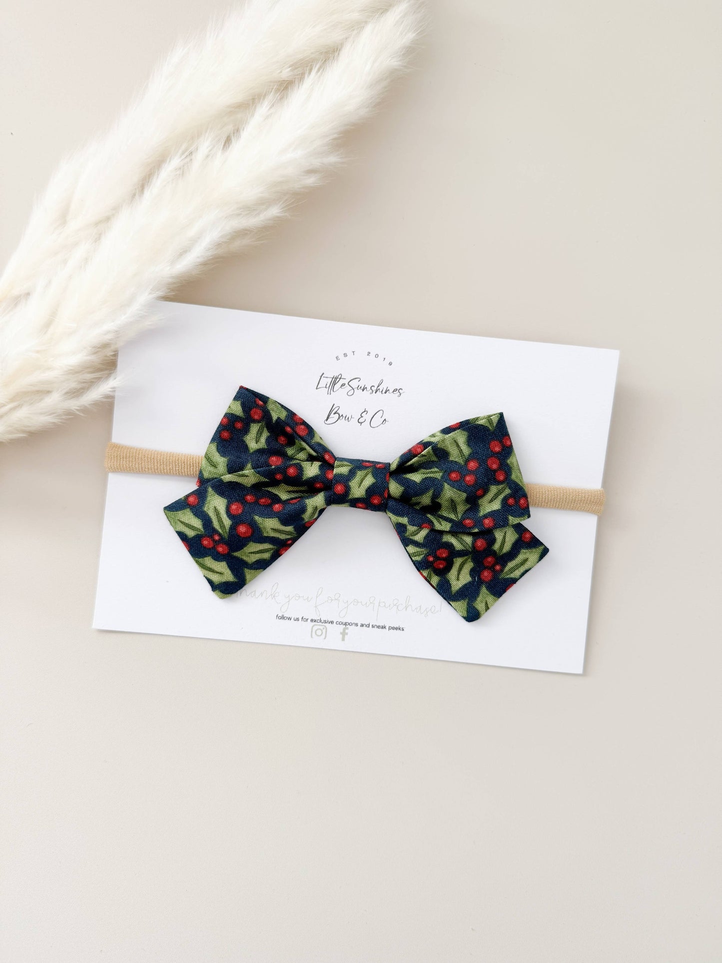 Navy & Green Holly Christmas Pinwheel Hair Bow